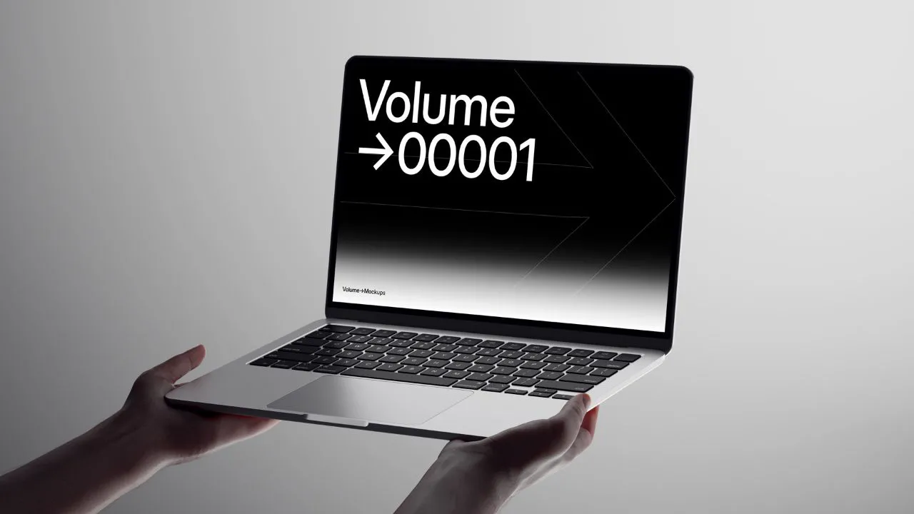 12个手持MacBook Air 2024的高级样机品牌UI/UX设计或演示模型