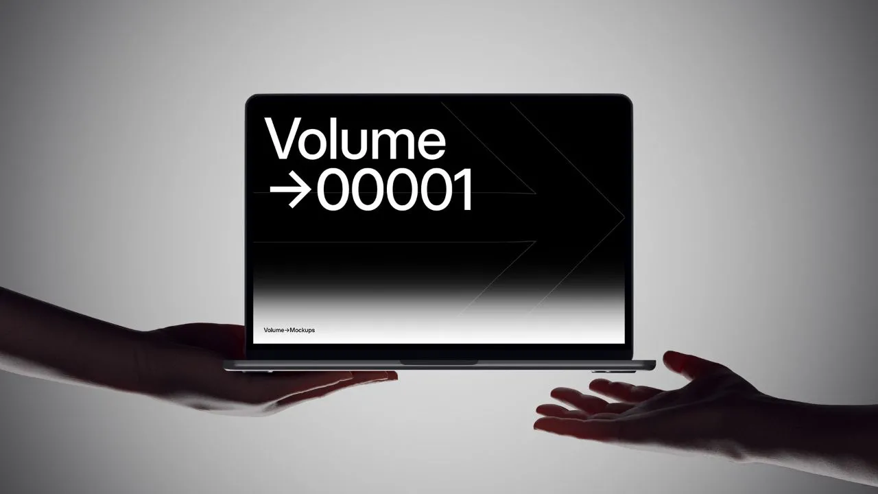 12个手持MacBook Air 2024的高级样机品牌UI/UX设计或演示模型