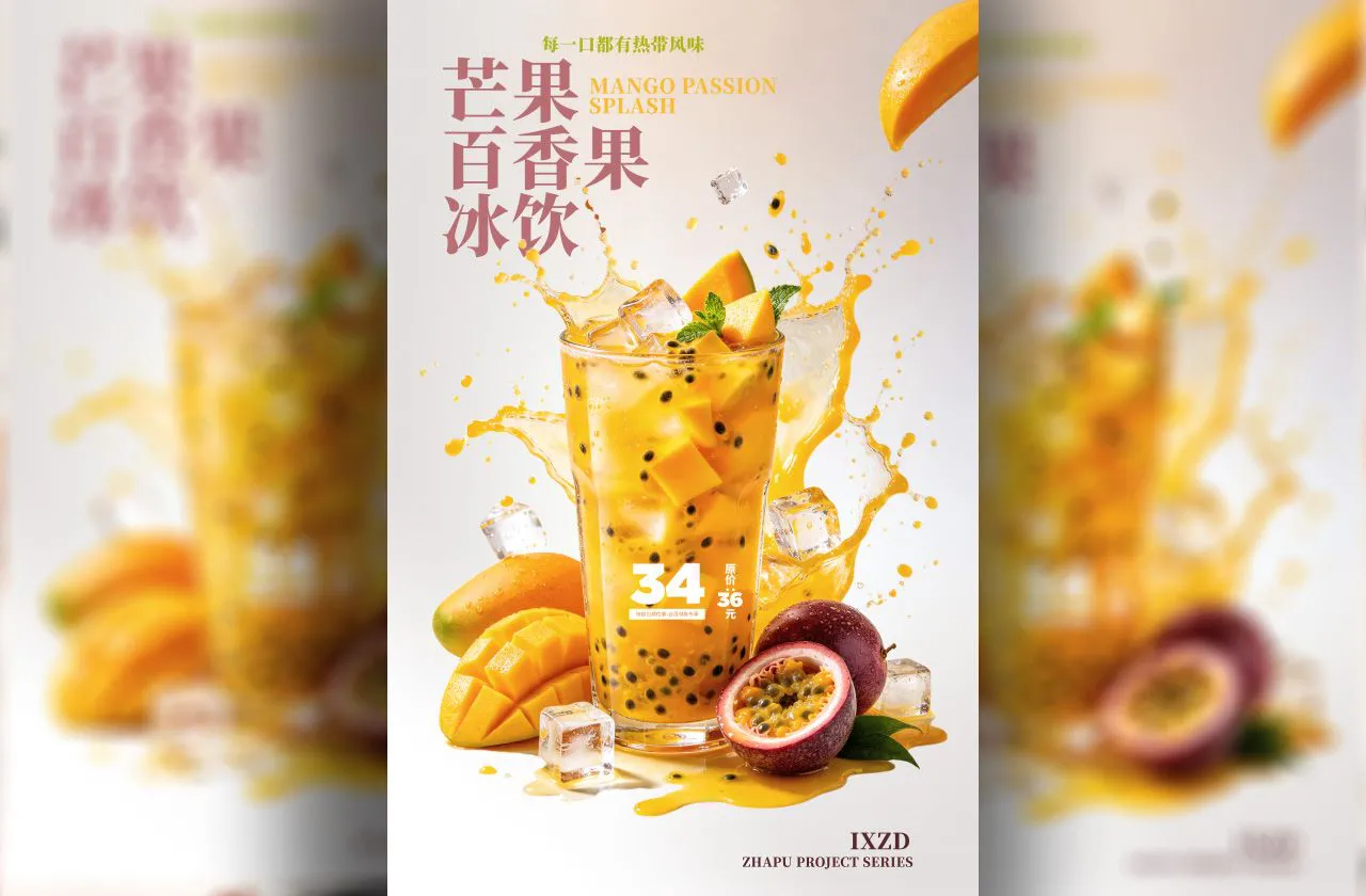 芒果百香果冰饮茶饮海报设计PSD分层源文件素材