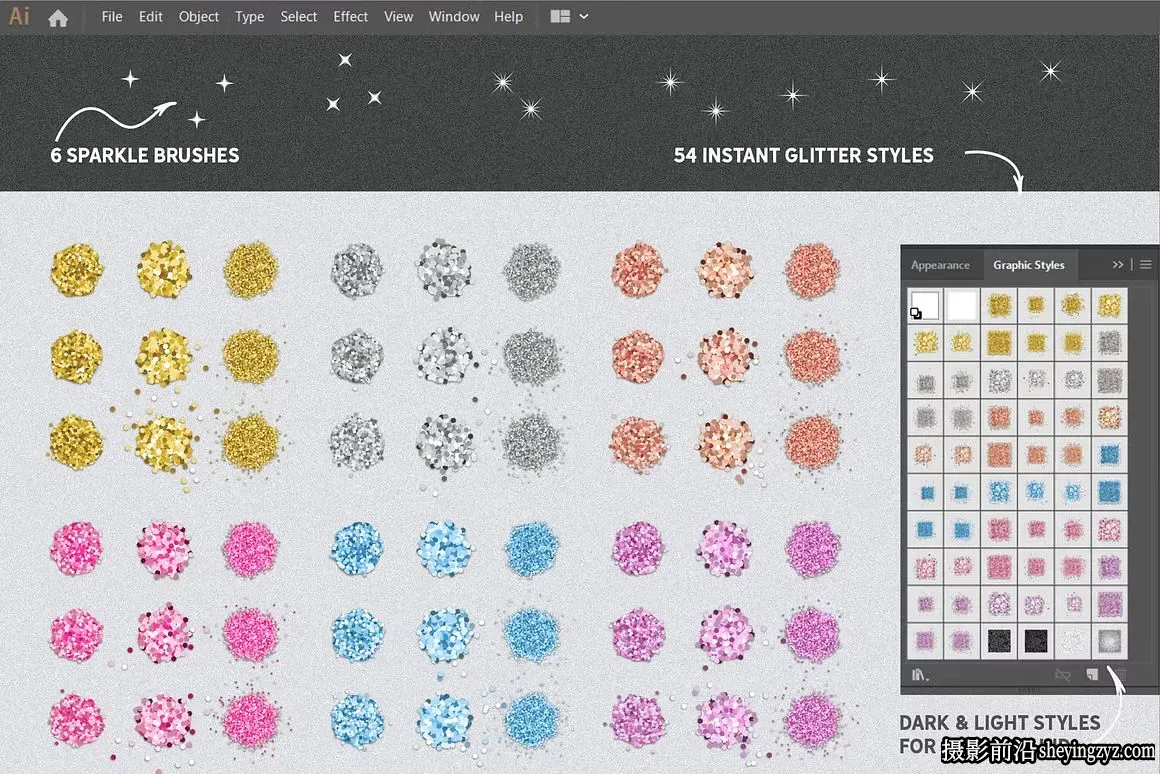 Adobe Illustrator 的矢量闪光51种款式6支闪光刷和4种背景