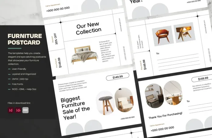 家具零售商极简家具明信片卡片设计InDesign模板