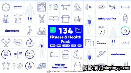AE模版-134组健康运动健身图标动画素材 Fitness And Health Lottie Pack