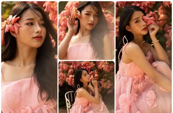 粉裙户外少女写真高清摄影原片7张素材