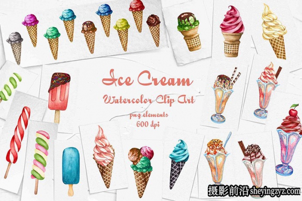 36种不同的冰淇淋水彩剪贴画PNG免扣素材