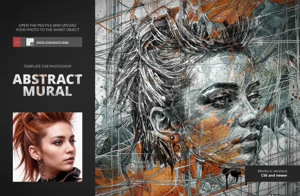 Photoshop 抽象壁画墙画绘画效果特效动作模板-支持中文版PS