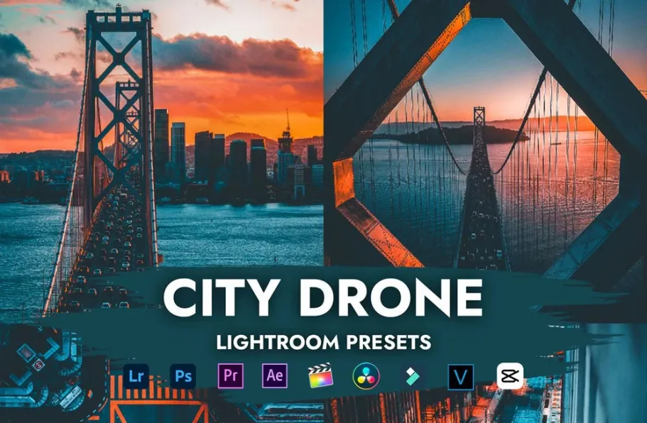 城市风光无人机航拍摄影调色LR预设及LUT以上 CITY DRONE PRESETS
