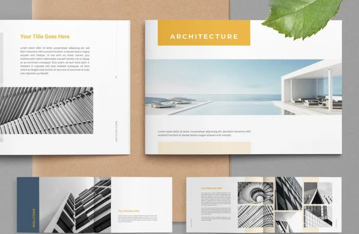 带有黄色装饰的建筑布局设计InDesign模板