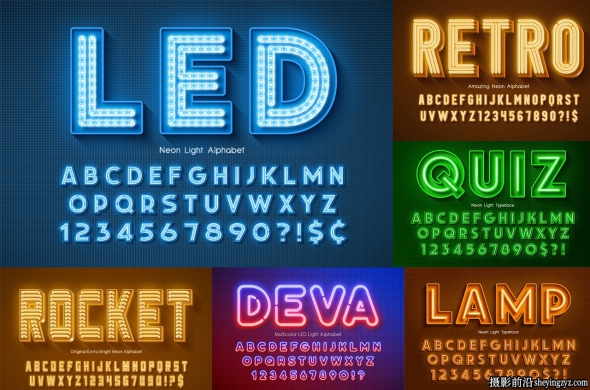 18款霓虹灯,灯泡和LED的字母+数字设计矢量合集 18xAI