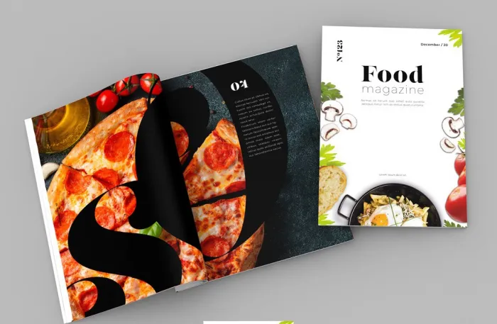 黑白布局与食物主题图像InDesign模板