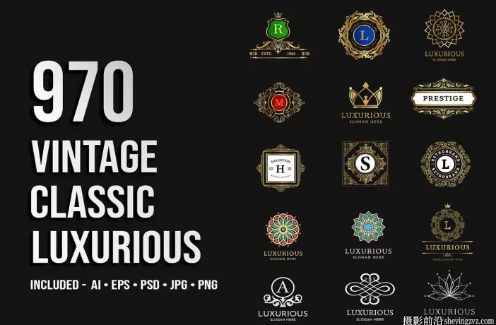 970幅复古经典奢华LOGO标志徽章插画套装矢量素材