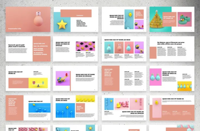 带有珊瑚红色演示文稿布局InDesign模板